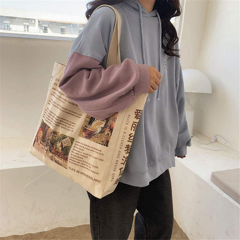 1Pc Women Canvas Shoulder Bag Alice In Wonderland Shopping Bags Students Book Bag Cotton Cloth Handbags Tote For Girls New 2023