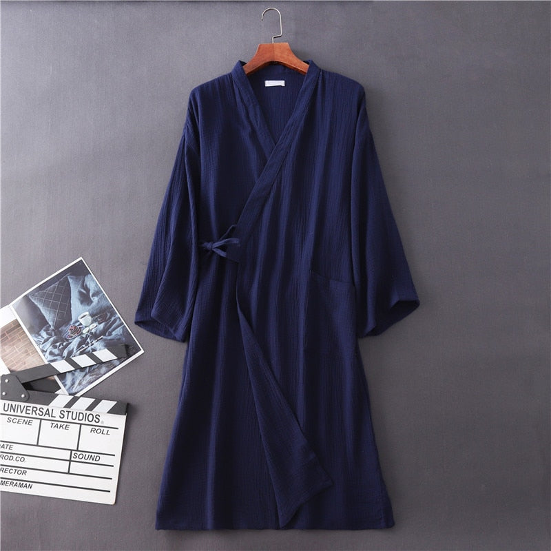 Couples Crepe Gauze Bathrobe Solid 100% Cotton Robe Long-sleeved V-neck Kimono Wedding Robes Sleepwear Plus Size Dressing Gown