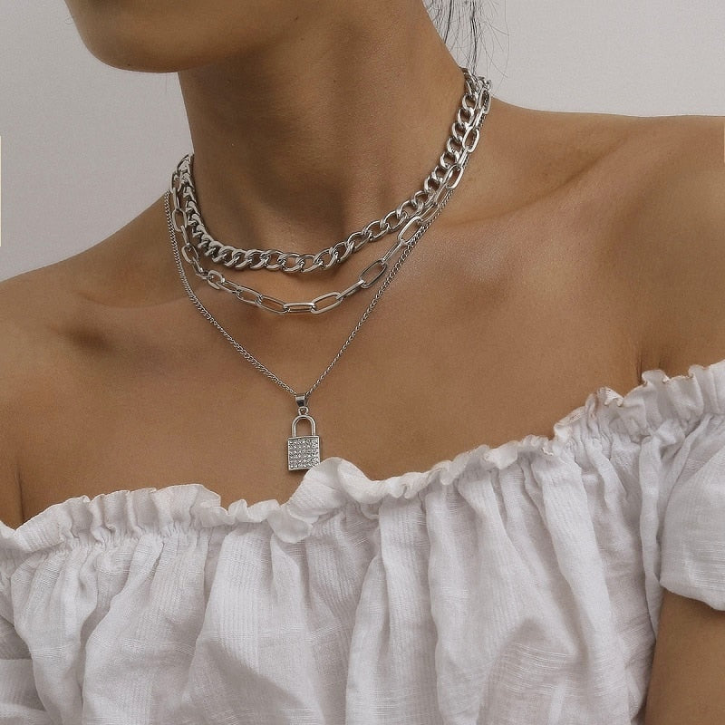 Exknl Layered Crystal Lock Chain Necklace 2020 Girls Cute Necklace Set Claviclel Chains Women Female Fashion Choker Neck Jewelry