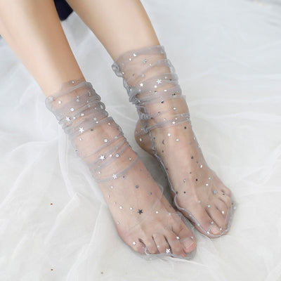 Fashion Star Moon Tulle Socks Women Transparent Woman Socks Female Ultra-thin Chiffion Socks Long   Dress Streetwear calcetines