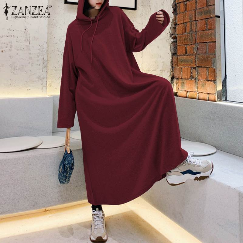 Fashion Hooded Hoodies Dress Women Autumn Sweatshirts 2022 ZANZEA Casual Long Sleeve Maxi Vestidos Female Solid Robe