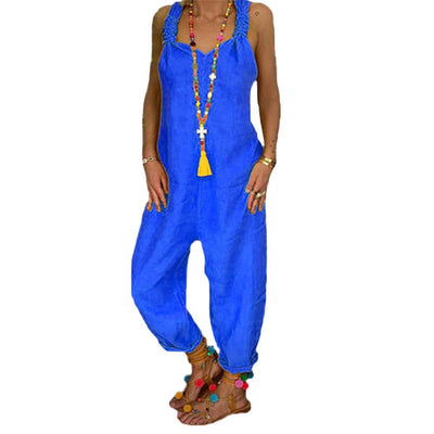 80% HOT SALES！！！Women Solid Color Bib Overall Sleeveless Backless Knotted Jumpsuit Dungarees