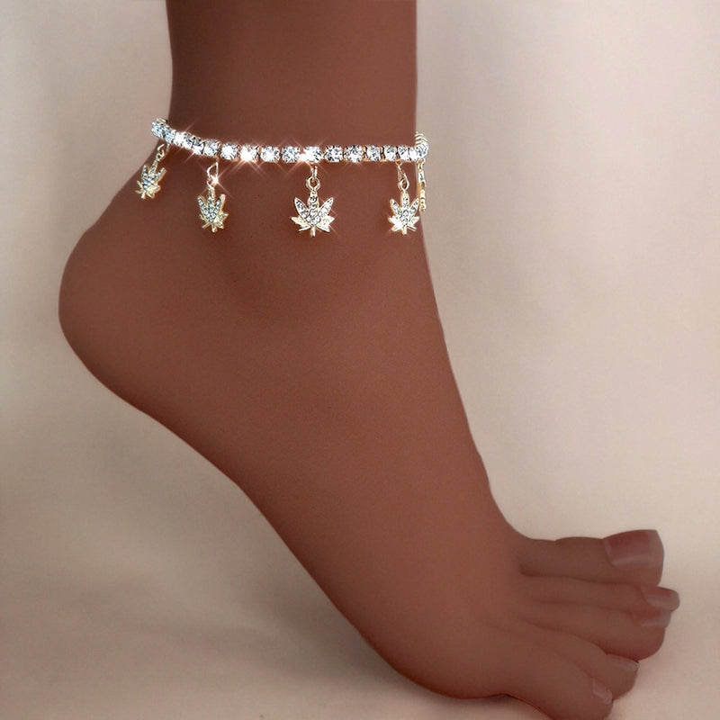 Bohemia Summer Maple Leaf Rhinestone Charm Anklets Shiny Crystal Tennis Anklet for Women Beach Foot Jewelry Leg Chain Bracelets