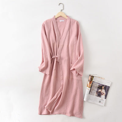 Couples Crepe Gauze Bathrobe Solid 100% Cotton Robe Long-sleeved V-neck Kimono Wedding Robes Sleepwear Plus Size Dressing Gown