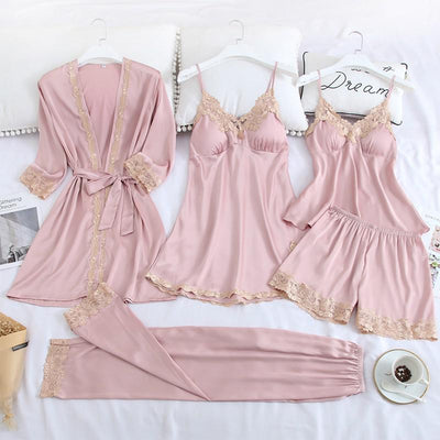 Women Robe Suit Pajamas Nighty&amp;Satin Kimono Bathrobe Gown Nightdress Silky Lace Sleep Set Nightwear Sexy Nightgown