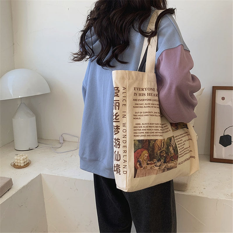 1Pc Women Canvas Shoulder Bag Alice In Wonderland Shopping Bags Students Book Bag Cotton Cloth Handbags Tote For Girls New 2023