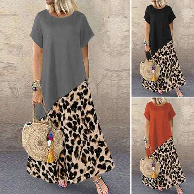 ZANZEA 2022 Summer Leopard Maxi Dress Fashion Women's Printed Sundress Short Sleeve Patchwork Vestidos  Casual Robe