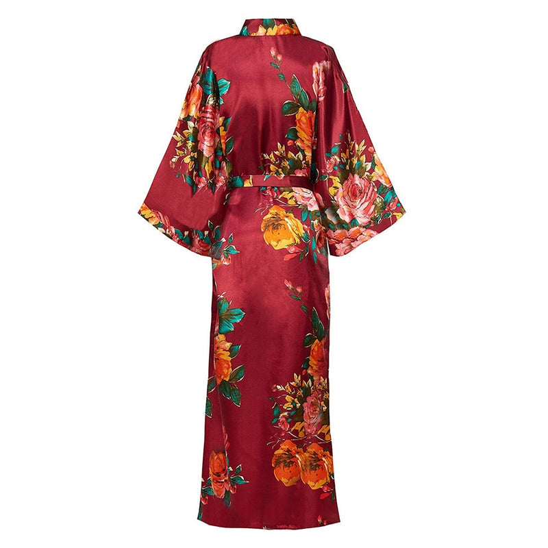 Exquisite Print Flower Women Wedding Robe Kimono Robe Gown Casual Intimate Soft Satin Sleepwear Elegant Burgundy Nightgown 6XL