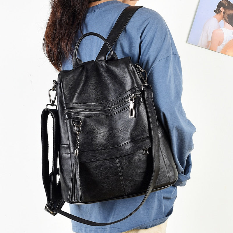 New Women Backpacks Soft Leather Fashion Casual Tassel Bags Female Shoulder Bag Large Capacity School Backpack for Teenage Girls