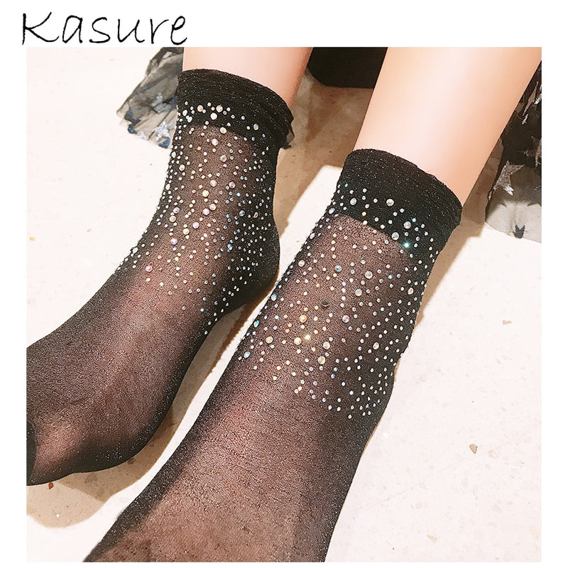 KASURE High Fashion Transparent Mesh Sock With Shiny Crystal Stone For Women Girls Glitter Silver Short Ankle Socks For Women