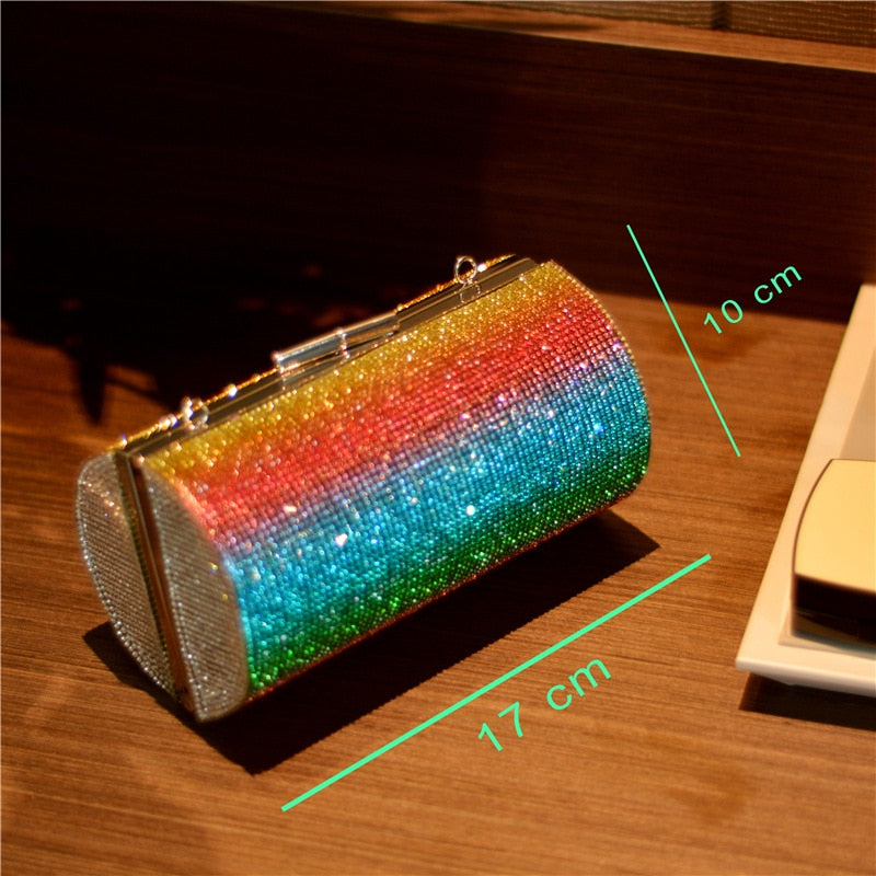 Rainbow Rhinestone Purse Evening Bags for Women Luxury Party Handbag for Wedding Clutch Bag Diamond Cylinder Shoulder Bag ZD1739