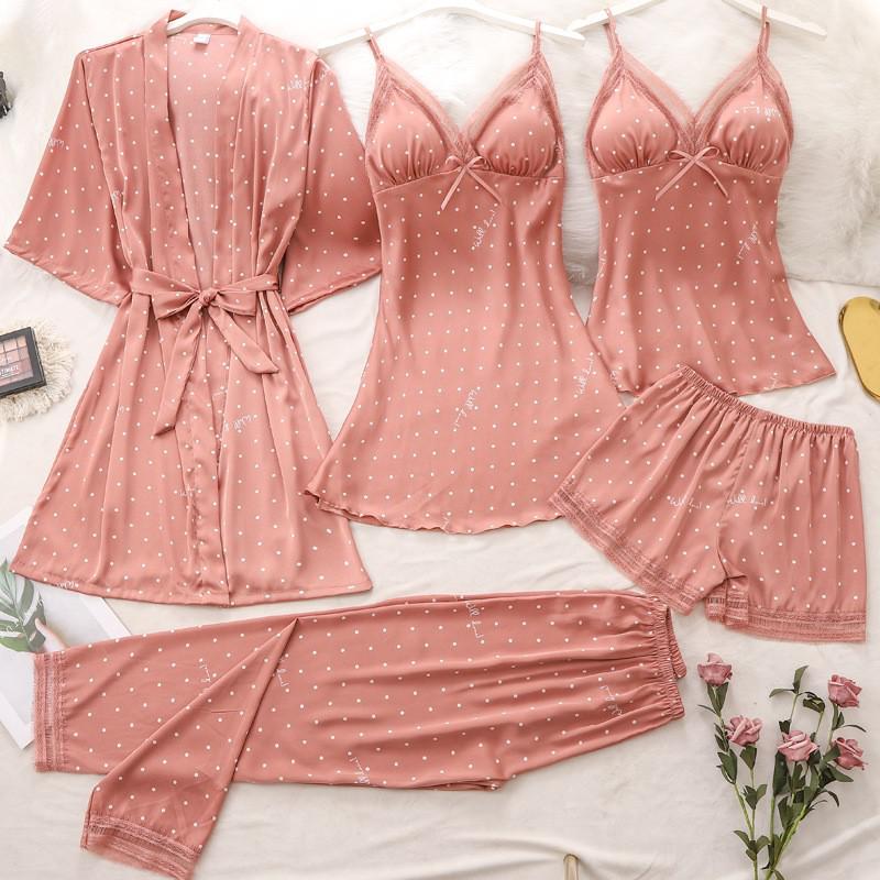 Women Robe Suit Pajamas Nighty&amp;Satin Kimono Bathrobe Gown Nightdress Silky Lace Sleep Set Nightwear Sexy Nightgown