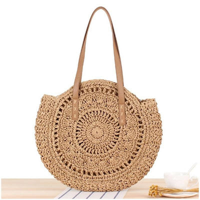 Round Straw Beach Bag Vintage Handmade Woven Shoulder Bag Raffia circle Rattan bags Bohemian Summer Vacation Casual Bags