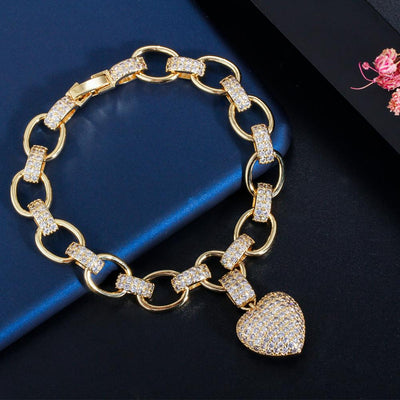 CWWZircons 585 Gold Color Cubic Zirconia Dangle Love Heart Shape Charm Bracelet Pendant Necklace Women Costume Jewelry Set  T468