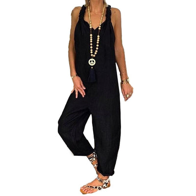 80% HOT SALES！！！Women Solid Color Bib Overall Sleeveless Backless Knotted Jumpsuit Dungarees