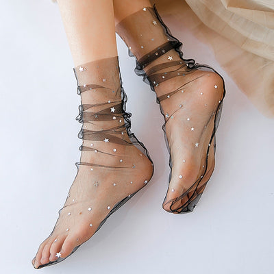 Fashion Star Moon Tulle Socks Women Transparent Woman Socks Female Ultra-thin Chiffion Socks Long   Dress Streetwear calcetines