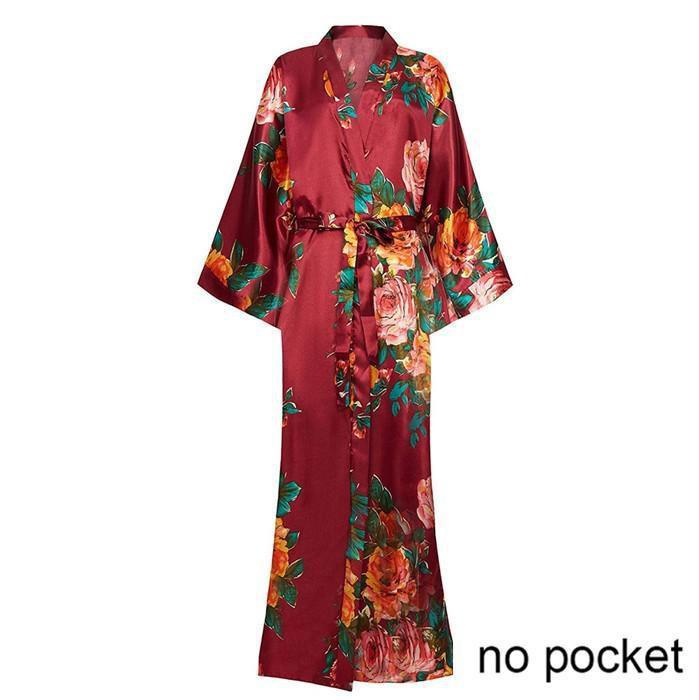 Exquisite Print Flower Women Wedding Robe Kimono Robe Gown Casual Intimate Soft Satin Sleepwear Elegant Burgundy Nightgown 6XL