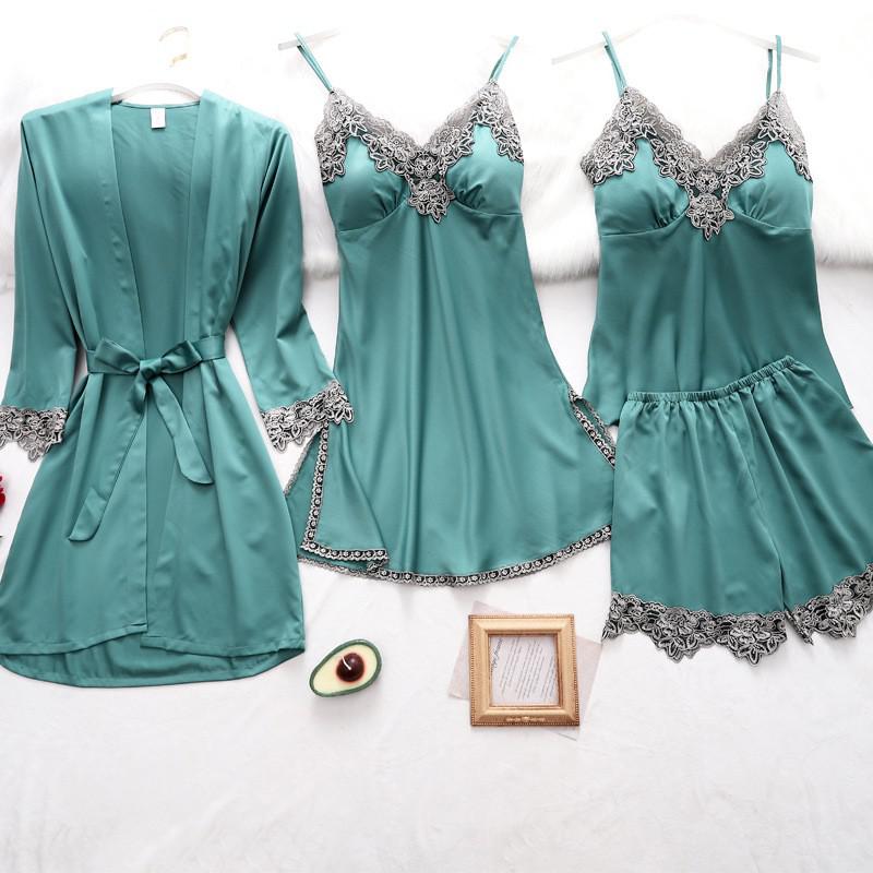 Women Robe Suit Pajamas Nighty&amp;Satin Kimono Bathrobe Gown Nightdress Silky Lace Sleep Set Nightwear Sexy Nightgown