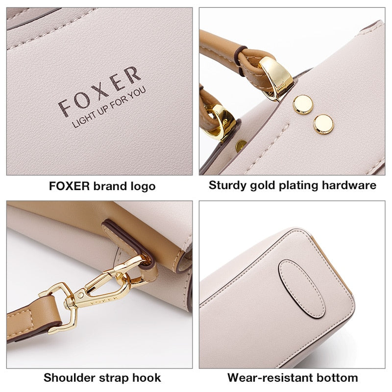 FOXER Elegant Fall Winter Bag Cowhide Leather Lady Handbag Simple Tote Female Large Capacity Purse Brand Messenger Bag for Women