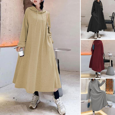 Fashion Hooded Hoodies Dress Women Autumn Sweatshirts 2022 ZANZEA Casual Long Sleeve Maxi Vestidos Female Solid Robe