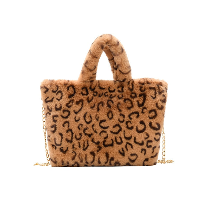 Winter new fashion shoulder bag female leopard female bag chain large plush winter handbag Messenger bag soft warm fur bag