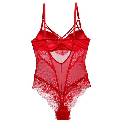 Bodysuit Women Push Up Red Strappy Cup Eyelash Lace Floral Pattern Padded Underwire Lingerie Women Shapewear High Quality