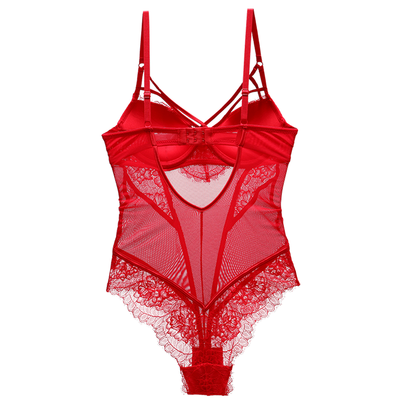 Bodysuit Women Push Up Red Strappy Cup Eyelash Lace Floral Pattern Padded Underwire Lingerie Women Shapewear High Quality