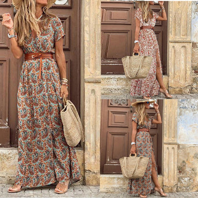 HOT SALE!! Boho Women V Neck Short Sleeve Paisley Print Belt Large Hem Beach Long Dress print dress summer beach dress with belt