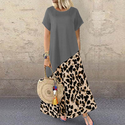 ZANZEA 2022 Summer Leopard Maxi Dress Fashion Women's Printed Sundress Short Sleeve Patchwork Vestidos  Casual Robe