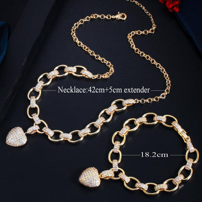 CWWZircons 585 Gold Color Cubic Zirconia Dangle Love Heart Shape Charm Bracelet Pendant Necklace Women Costume Jewelry Set  T468