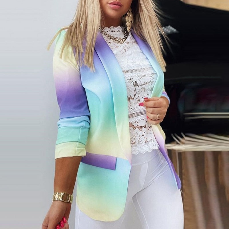 2021 New Women Elegant Blazer Clothing Workwear Lady ColorBlock Casual Coat Tops