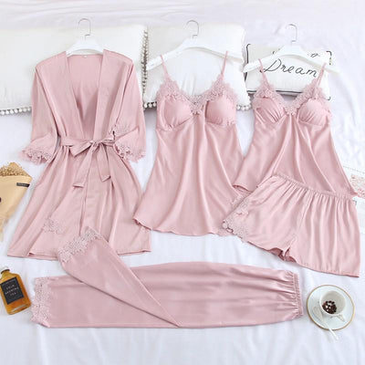 Women Robe Suit Pajamas Nighty&amp;Satin Kimono Bathrobe Gown Nightdress Silky Lace Sleep Set Nightwear Sexy Nightgown