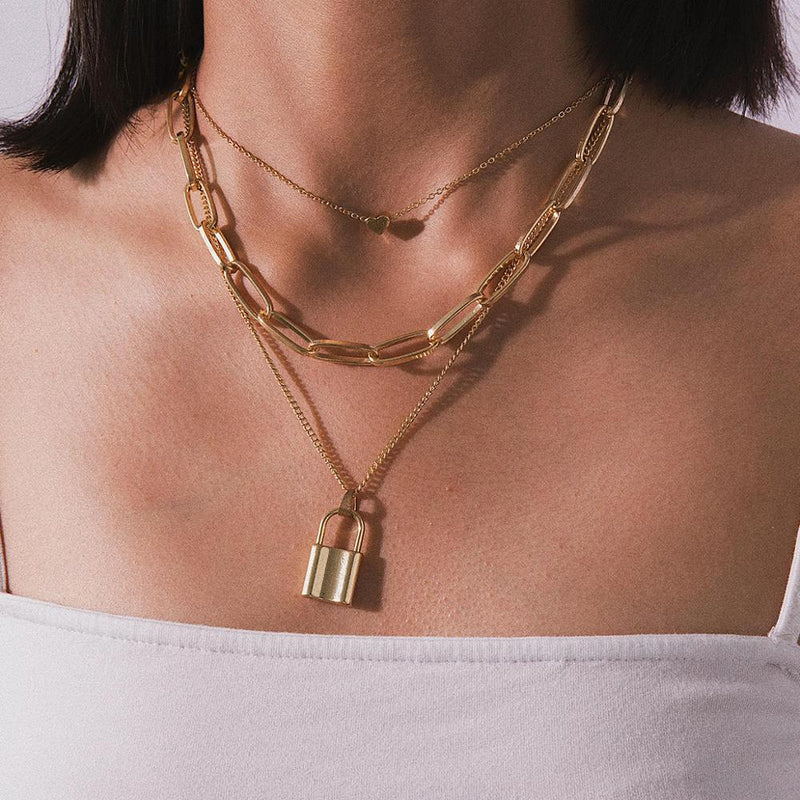 Hip Hop Multi Layers chain necklace with heart lock women/men punk rock padlock pendant necklace emo grunge Goth jewelry