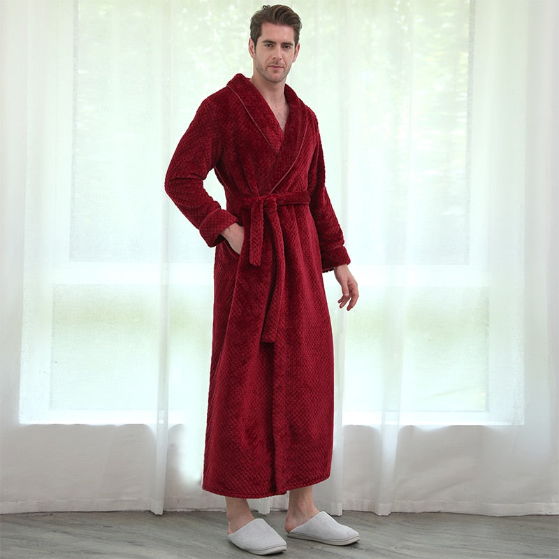 Men Winter Plus Size Long Coral Fleece Bathrobe Kimono Warm Flannel Bath Robe Men Cozy Robes Night Sleepwear Women Dressing Gown