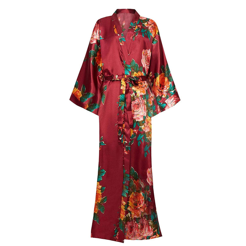 Exquisite Print Flower Women Wedding Robe Kimono Robe Gown Casual Intimate Soft Satin Sleepwear Elegant Burgundy Nightgown 6XL