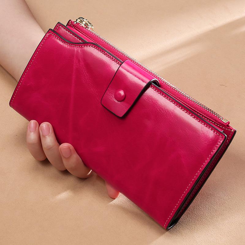 RFID Blocking Genuine Leather Women Wallet Long Lady Leather Purse Brand Design Luxury Oil Wax Leather Female Wallet Coin Purse