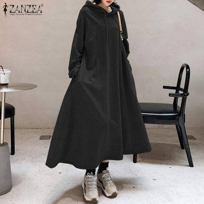 Fashion Hooded Hoodies Dress Women Autumn Sweatshirts 2022 ZANZEA Casual Long Sleeve Maxi Vestidos Female Solid Robe