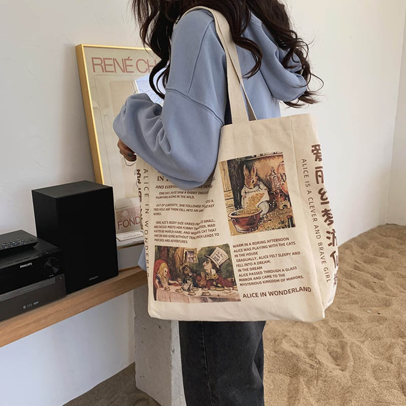 1Pc Women Canvas Shoulder Bag Alice In Wonderland Shopping Bags Students Book Bag Cotton Cloth Handbags Tote For Girls New 2023