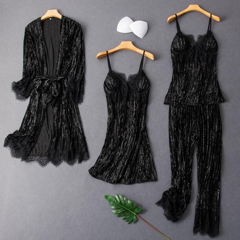 Lady Pajamas Suit Nighty&amp;Robe Set Sexy Velvet Sleepwear Intimate Lingerie 2021 Autumn New Kimono Gown Homewear Nightgown