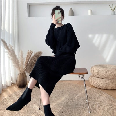 2021 New Fall/Winter Bat Sleeve O-Neck Soft Sweater  + Women&#39;s Knitted Vest Long Dress Two-Piece Dress Sets Femme