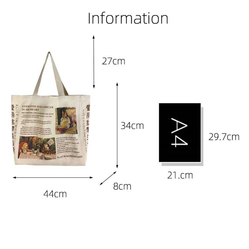 1Pc Women Canvas Shoulder Bag Alice In Wonderland Shopping Bags Students Book Bag Cotton Cloth Handbags Tote For Girls New 2023