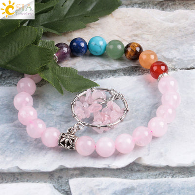 Crystal Bracelet Natural Stone  Beads 7 Chakra Pink Quartz Tree of Life Beaded Bracelets for Women Mala Meditation Healing E910