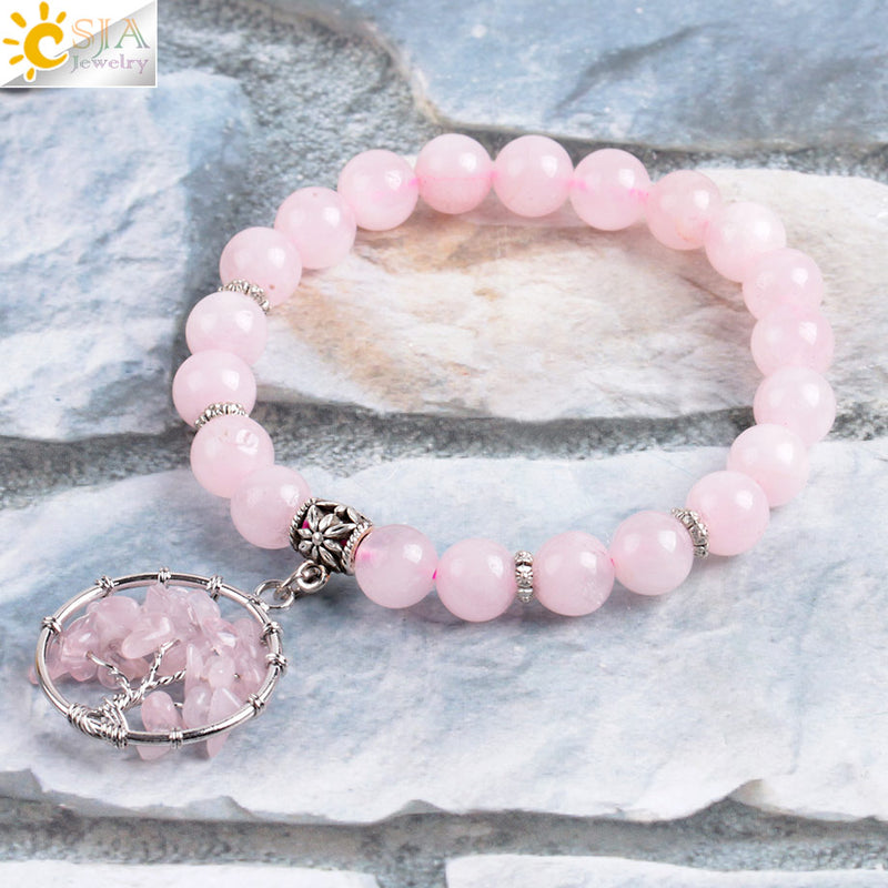 Crystal Bracelet Natural Stone  Beads 7 Chakra Pink Quartz Tree of Life Beaded Bracelets for Women Mala Meditation Healing E910