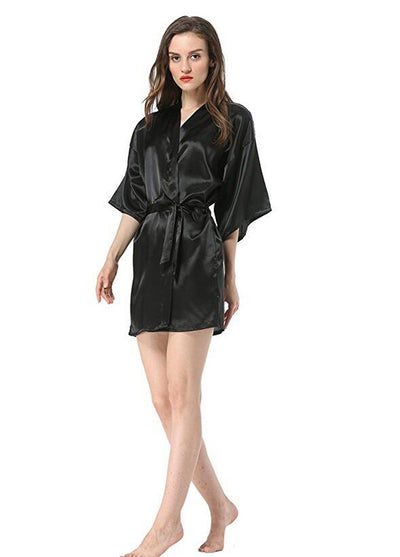 New Black Chinese Women&#39;s Faux Silk Robe Bath Gown Hot Sale Kimono Yukata Bathrobe Solid Color Sleepwear S M L XL XXL NB032