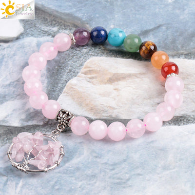 Crystal Bracelet Natural Stone  Beads 7 Chakra Pink Quartz Tree of Life Beaded Bracelets for Women Mala Meditation Healing E910