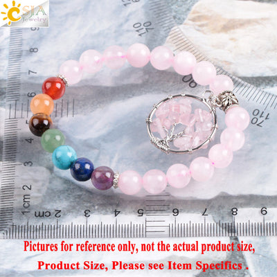 Crystal Bracelet Natural Stone  Beads 7 Chakra Pink Quartz Tree of Life Beaded Bracelets for Women Mala Meditation Healing E910