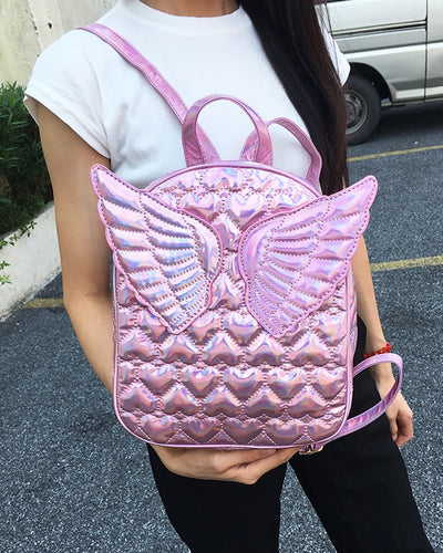 Dazzling Fashion Heart Embossed Wings Decorated Girl&#39;s Mini Backpack Shoulder Bag Travel Bag School Bags For Teenage Girl Bolsa