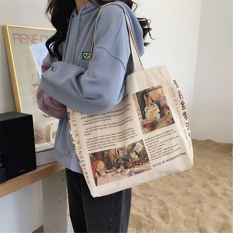 1Pc Women Canvas Shoulder Bag Alice In Wonderland Shopping Bags Students Book Bag Cotton Cloth Handbags Tote For Girls New 2023