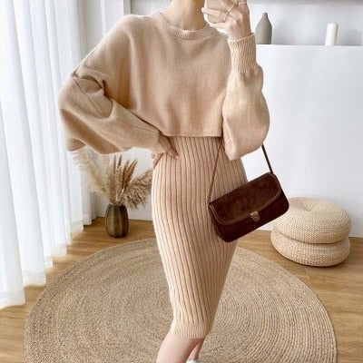 2021 New Fall/Winter Bat Sleeve O-Neck Soft Sweater  + Women's Knitted Vest Long Dress Two-Piece Dress Sets Femme