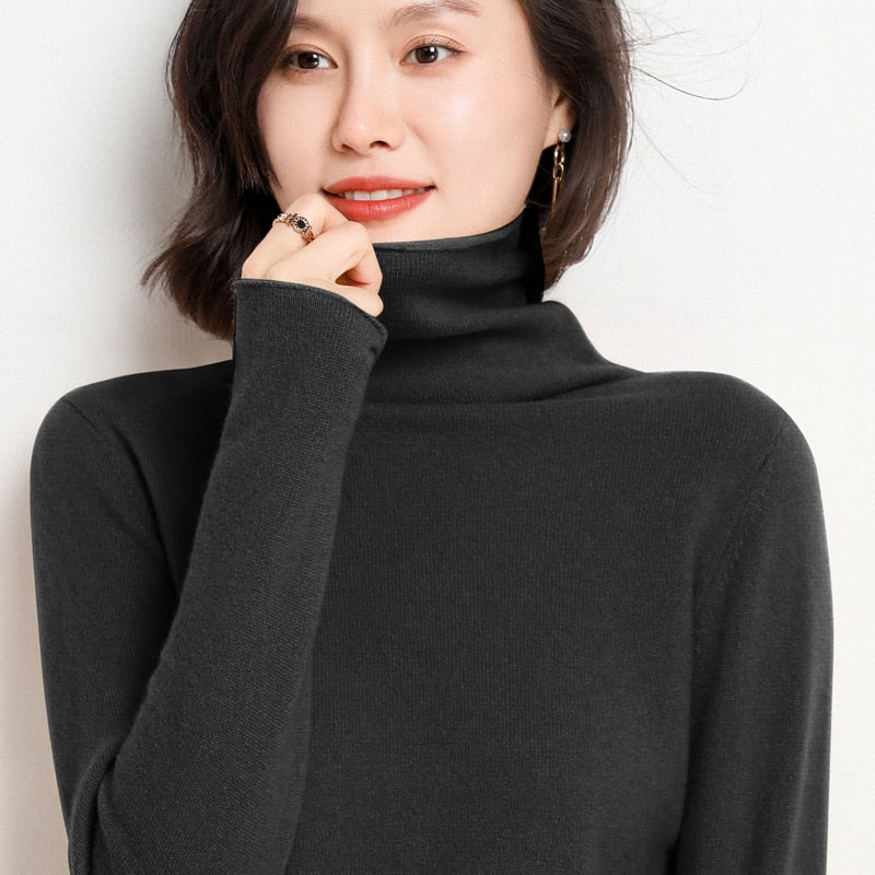 BELIARST 100% Pure Wool Autumn And Winter Sweater Women Pile Neck Pullover Slim Solid Color Knit Bottoming Shirt Free Shipping